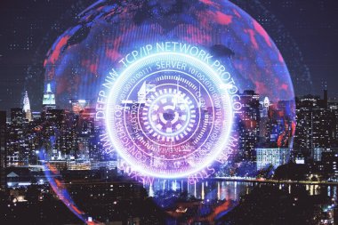 Teknoloji temalı hologramın ve şehrin arka planının iki katına çıkarılması. Yüksek Teknoloji kavramı.
