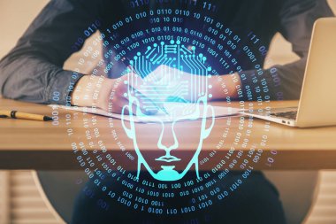 Erkek eli geçmişi olan beyin çoklu pozlama ikonu. Öğrenme kavramı.