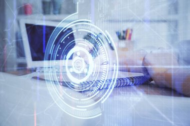 Teknoloji kodlama hologramıyla kadın elinin arka planda çoklu pozlanması. Veri kavramı.