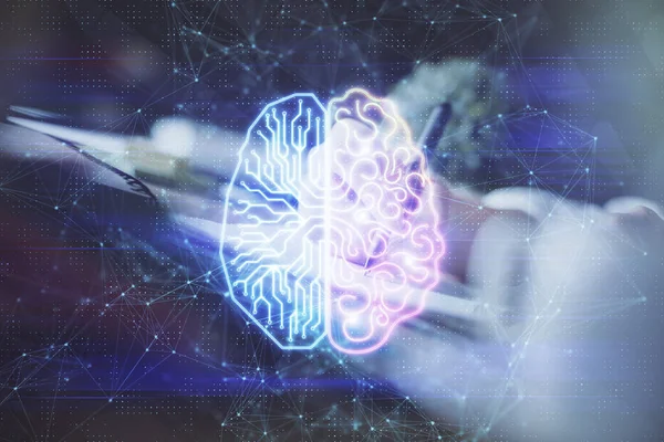 Multi Exposure Writing Hand Background Brain Hologram Concept Self Learning — Stock Photo, Image