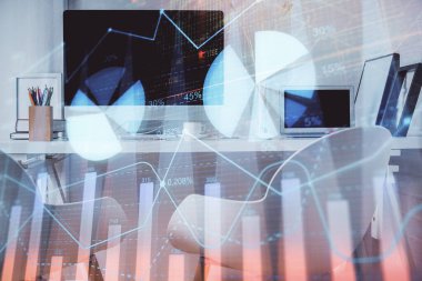 Borsa grafik çizimi ve ofis içi arka planının iki katına çıkarılması. Mali analiz kavramı.