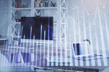 Finansal grafik çizimine ve ofis içi arka planına çifte maruz kalma. Borsa konsepti.