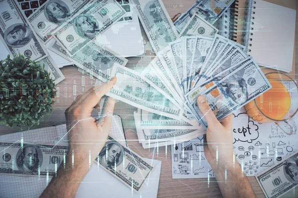 Multi Blootstelling Van Financiële Grafiek Tekenen Hologram Amerikaanse Dollars Rekeningen — Stockfoto