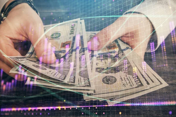 Multi Blootstelling Van Financiële Grafiek Tekenen Hologram Amerikaanse Dollars Rekeningen — Stockfoto