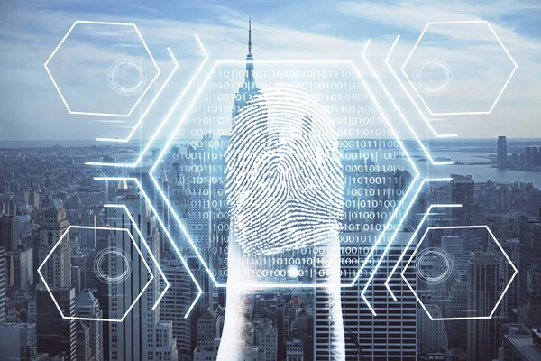 Double Exposure Finger Print Hologram Cityscape Background Concept Personal Security — Stock Photo, Image
