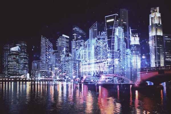 Dubbel Exponering Byggnader Hologram Över Stadsbilden Bakgrund Begreppet Smart Stad — Stockfoto