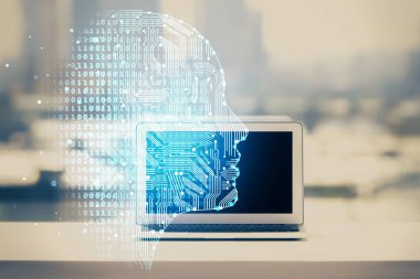 Bilgisayar ve beyin hologram çizerken masaüstüne çifte maruz kalma. Yapay zeka kavramı.