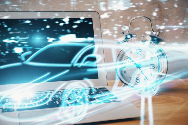 Otomobil hologramı çizimi olan masaüstü bilgisayar arkaplanı. Çoklu maruz kalma. Teknoloji kavramı.