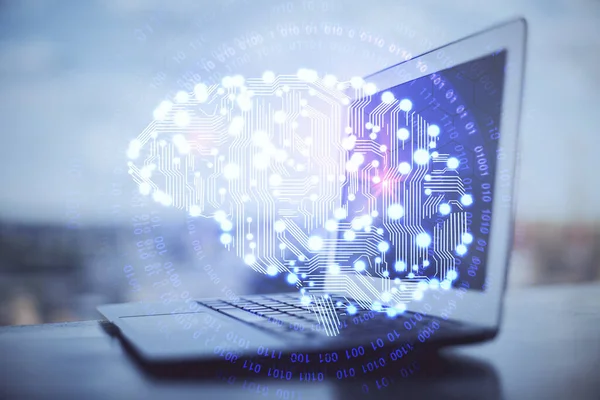 Doppelbelichtung Von Desktop Computer Und Menschlichem Gehirn Das Hologramm Zeichnet — Stockfoto