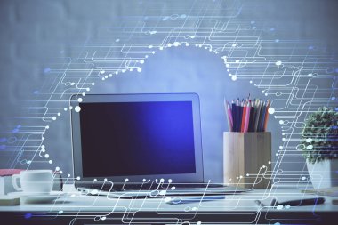 Arka planda kişisel bilgisayarı ve teknik tema çizimi olan iki kat masaüstü görüntüsü. Veri analizi kavramı.