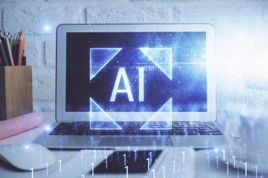 Arka planda kişisel bilgisayarı ve teknik tema çizimi olan iki kat masaüstü görüntüsü. Büyük Veri Kavramı.