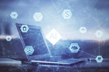 Bilgisayar ve teknoloji temalı holograma çifte maruz kalma. Serbest çalışma kavramı.