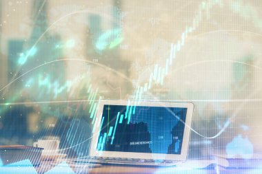 Bilgisayar geçmişi olan eski grafik hologramı. Çifte maruziyet. Finans piyasası kavramı.