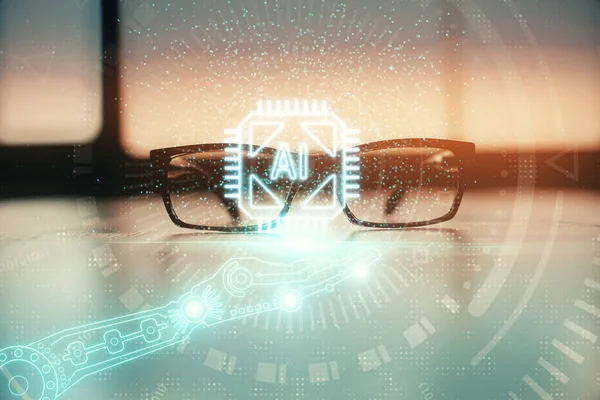 Hologram Technologii Danych Okularami Tle Stołu Koncepcja Technologii Podwójna Ekspozycja — Zdjęcie stockowe