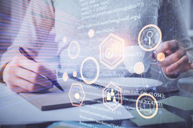 Arka planda veri çözeltisi teknolojisi hologramıyla el yazısının iki katına çıkarılması. Ai kavramı.