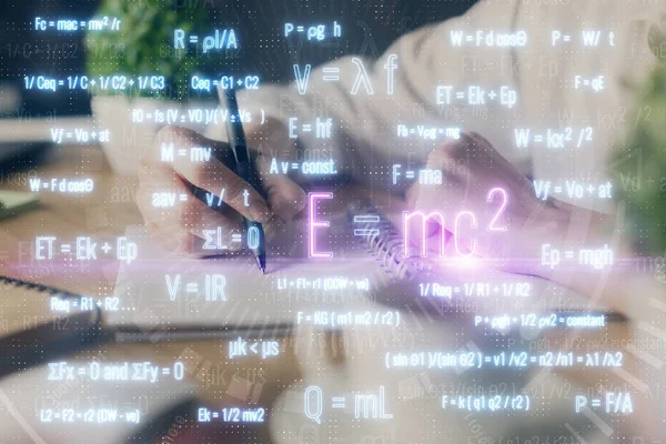 Fórmula Científica Holograma Sobre Mãos Mulher Tomando Notas Fundo Conceito — Fotografia de Stock