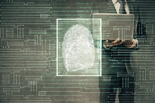 Fingeravtryck Hologram Med Affärsman Som Arbetar Dator Bakgrunden Säkerhetskoncept Dubbel — Stockfoto