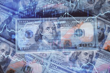 Forx grafiğinin çok sayıda görüntüsü bize dolar banknotları arka planında görünüyor. Finansal başarı piyasası kavramı.