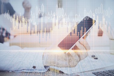 Bir adamın elini tutarken ve dijital bir cihaz ve ön grafik çizimi kullanırken çift pozlama. Finansal piyasa kavramı.