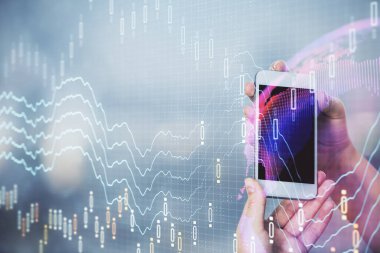 Ön x grafik çizimine çift pozlama hologram ve cep telefonu kullanan bir kadın. Borsa konsepti.