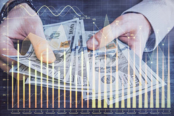 Multi Exposure Financial Graph Drawing Hologram Usa Dollars Bills Man — Stock Photo, Image