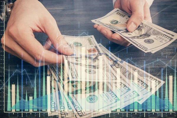 Multi Exponering Finansiella Diagram Rita Hologram Och Usa Dollar Räkningar — Stockfoto