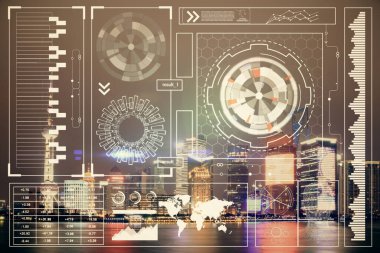Veri temalı hologram gökdelenlerin arka planında çift pozlama ile şehir görünümüne çizim yapıyor. Ai kavramı.
