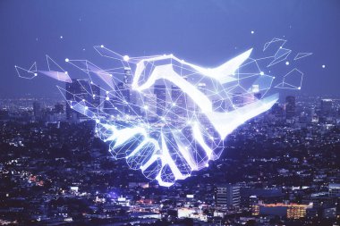 Şehir manzarası arka planında el sıkışma hologramına çifte maruz kalma. Ortaklık kavramı.