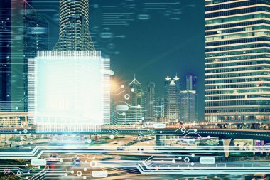 Veri temalı hologram gökdelenler arka planda çoklu pozlama ile şehir görünümüne çizim yapıyor. Ai kavramı.