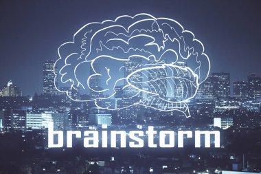 Şehir manzarası arkaplanı üzerinde başlangıç teması çizimlerinin çifte pozlandırılması. Başarı kavramı.