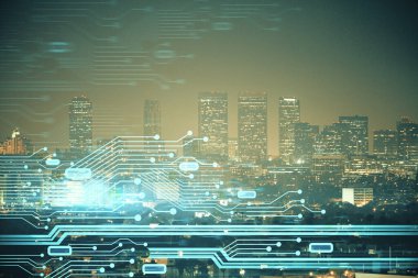 Veri temalı hologram gökdelenler arka planda çoklu pozlama ile şehir görünümüne çizim yapıyor. Ai kavramı.