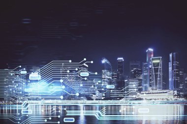 Veri temalı hologram gökdelenler arka planda çoklu pozlama ile şehir görünümüne çizim yapıyor. Ai kavramı.