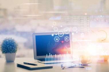 Arkaplanda bilgisayar ve veri teması çizimi olan tablonun çifte pozlandırılması. Yenilik kavramı.