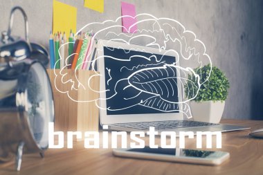 Ofisteki masaüstü bilgisayar arkaplanı ve tema hologram çizimini başlat. Çifte maruziyet. Başlangıç konsepti.