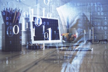 Arka planda kişisel bilgisayarı ve teknik tema çizimi olan iki kat masaüstü görüntüsü. Veri analizi kavramı.