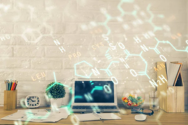 Desktop Computer Achtergrond Formule Hologram Schrijven Dubbele Belichting Onderwijsconcept — Stockfoto