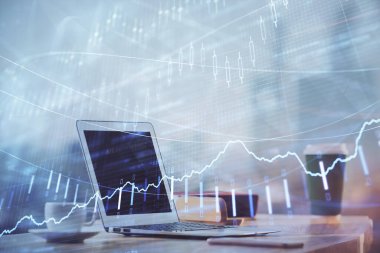 Bilgisayar geçmişi olan eski grafik hologramı. Çoklu maruz kalma. Finans piyasası kavramı.