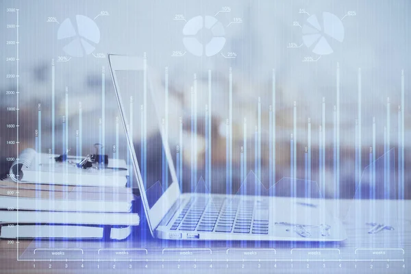 Multi exposure of chart and financial info and work space with computer background. Concept of international online trading.