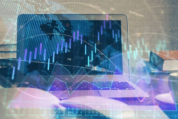 Hologramm Des Devisenmarktdiagramms Und Hintergrund Des Pcs Mehrfachbelichtung Investitionskonzept — Stockfoto