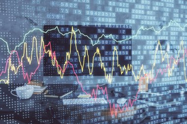 Forx çizelgesine ve bilgisayarla çalışma alanına çoklu maruz kalma. Uluslararası çevrimiçi ticaret kavramı.