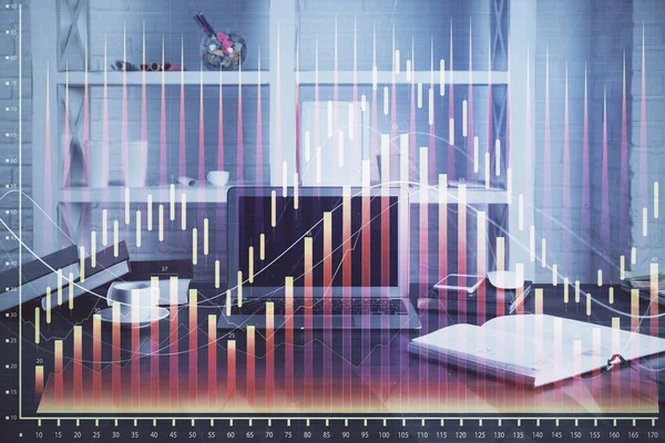 Holograma Gráfico Del Mercado Financiero Computadora Personal Segundo Plano Doble — Foto de Stock