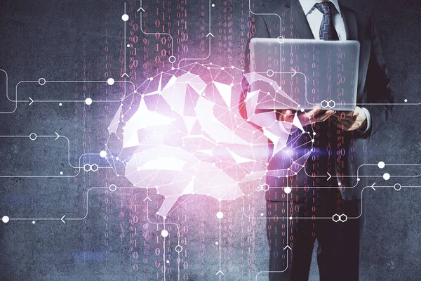 Beyin Temalı Hologramı Olan Bilgisayar Geçmişi Olan Bir Adamı Beyin — Stok fotoğraf