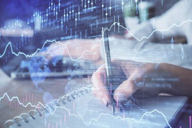 Ön x çizelgesinin arka plan notları alan insanların üzerini çizerken çift pozlama. Mali analiz kavramı