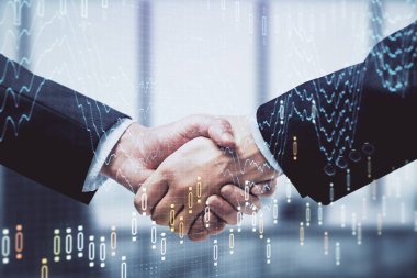 Forx grafik hologramı ve iki adamın el sıkışması. Borsa konsepti.