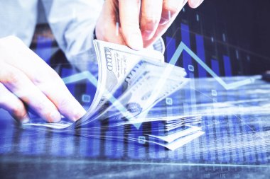 Forx grafiği, hologram, Amerikan dolarları ve insan eli çizimleri. Teknik Analiz kavramı.