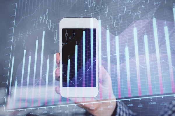 Bir adamın elini tutarken ve dijital bir cihaz ve ön grafik çizimi kullanırken çift pozlama. Finansal piyasa kavramı.