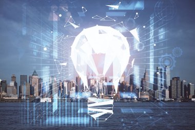 Ampul hologram çizimine ve şehir manzarasına çoklu maruz kalma. Fikir kavramı.