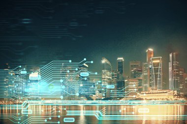 Veri temalı hologram gökdelenler arka planda çoklu pozlama ile şehir görünümüne çizim yapıyor. Ai kavramı.