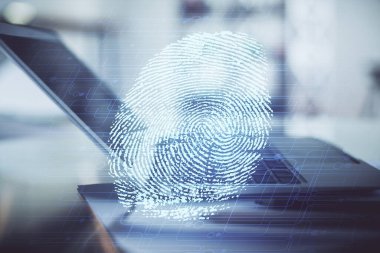 Ofisteki bilgisayarın parmak izi çizimi. Çifte maruziyet. İş veri güvenliği kavramı.