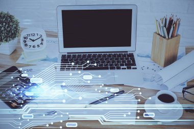 Bilgisayarın arka planda ve teknik tema çiziminde çoklu pozlama. Büyük veri kavramı.